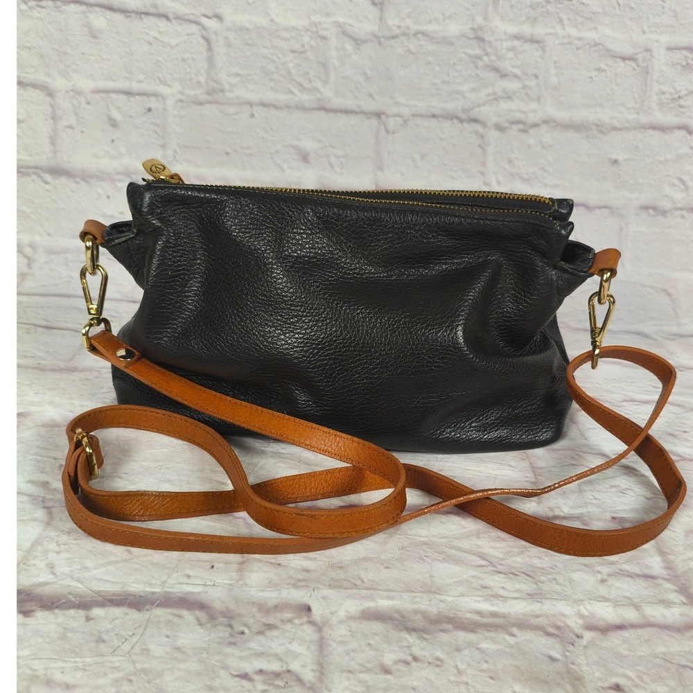 Valentina Italian Black Pebbled Leather Crossbody Bag Cognac Strap Triple Pouch